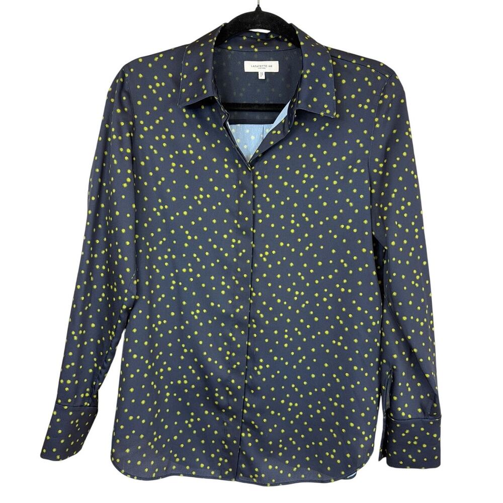 Lafayette 148 New York Black and Yellow Dot Hidden Placket Top Small